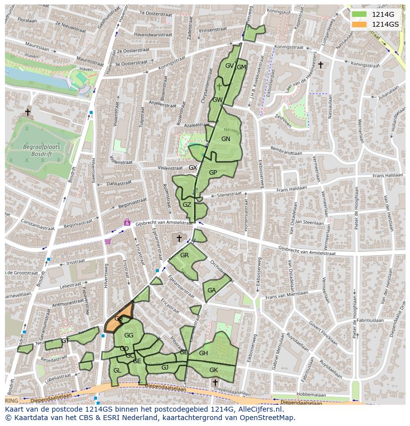 Afbeelding van het postcodegebied 1214 GS op de kaart.