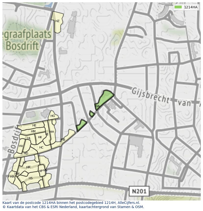 Afbeelding van het postcodegebied 1214 HA op de kaart.