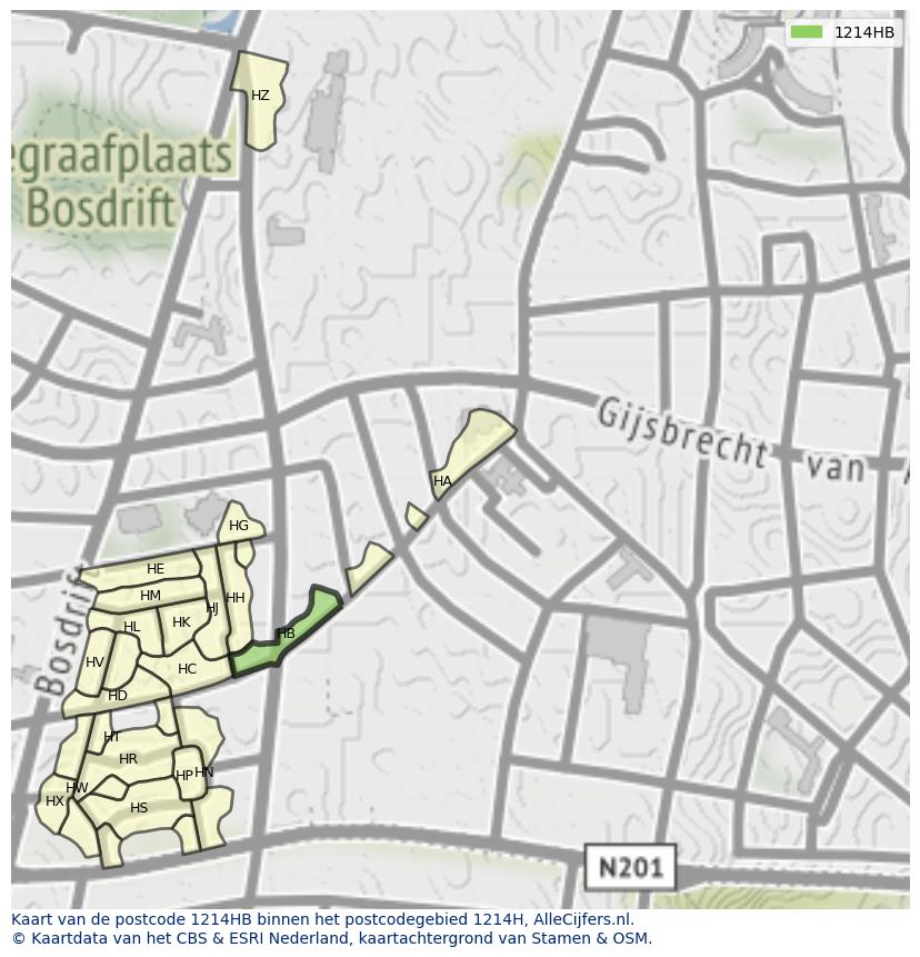 Afbeelding van het postcodegebied 1214 HB op de kaart.
