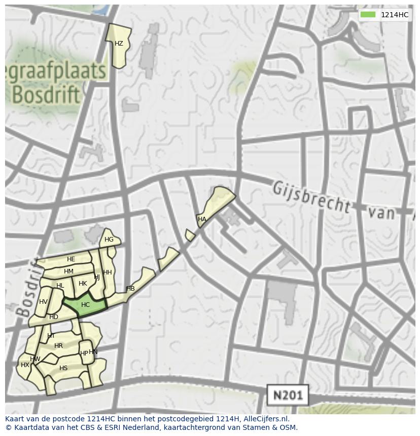 Afbeelding van het postcodegebied 1214 HC op de kaart.