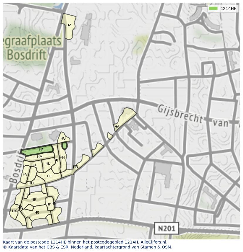 Afbeelding van het postcodegebied 1214 HE op de kaart.