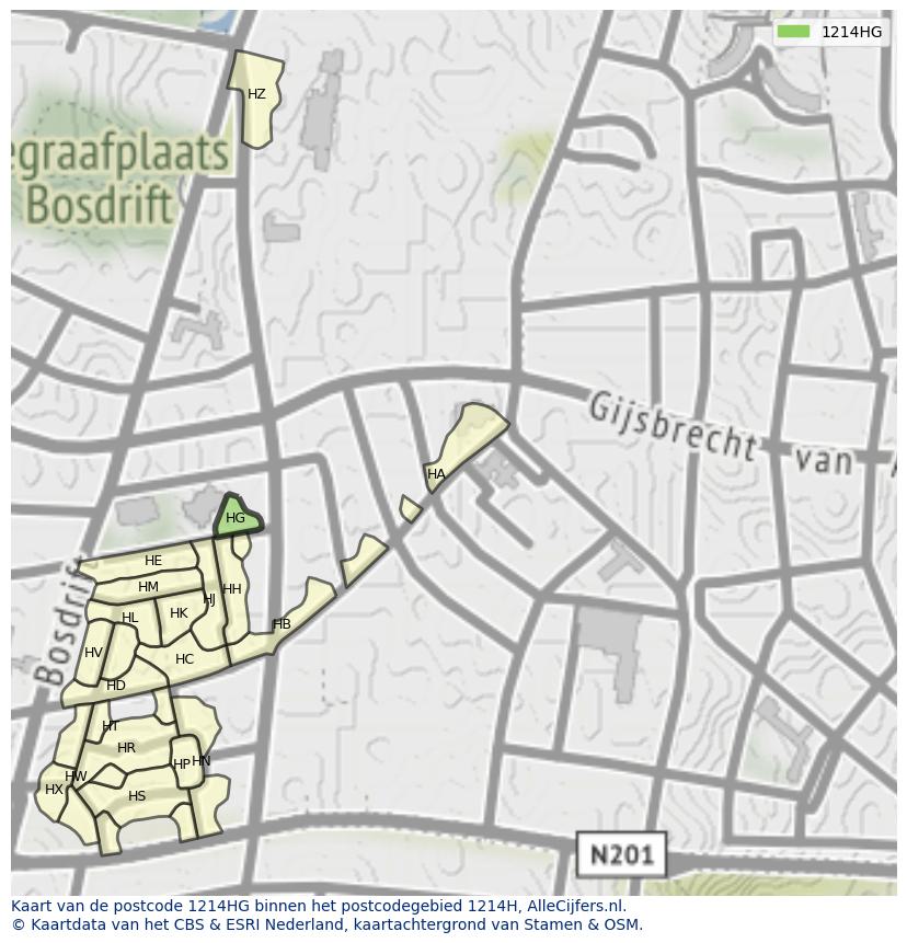 Afbeelding van het postcodegebied 1214 HG op de kaart.