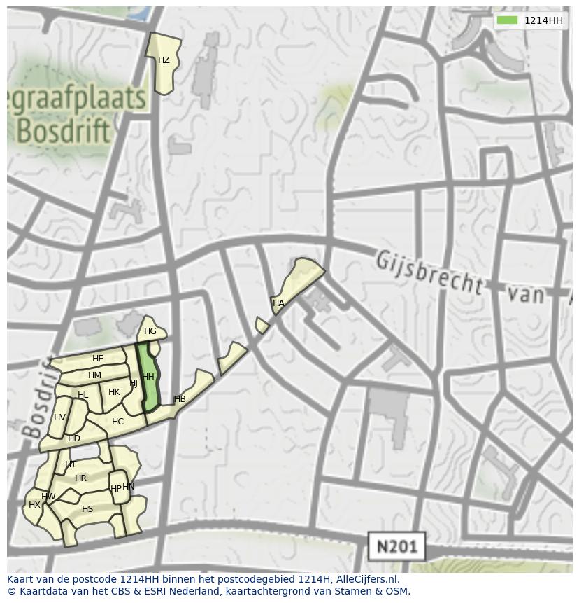 Afbeelding van het postcodegebied 1214 HH op de kaart.
