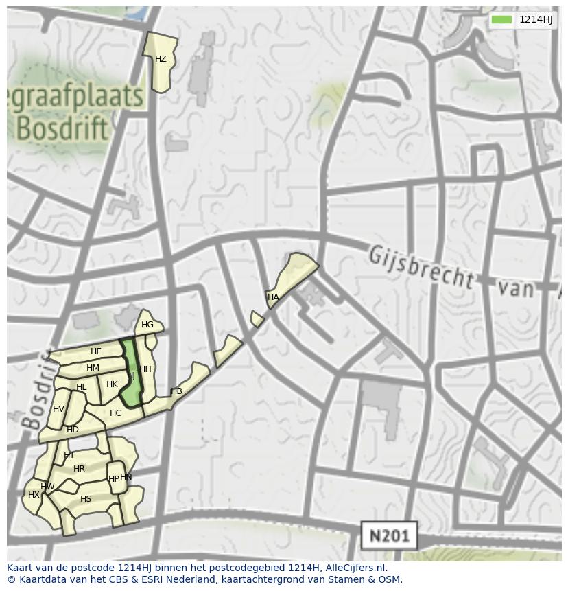 Afbeelding van het postcodegebied 1214 HJ op de kaart.