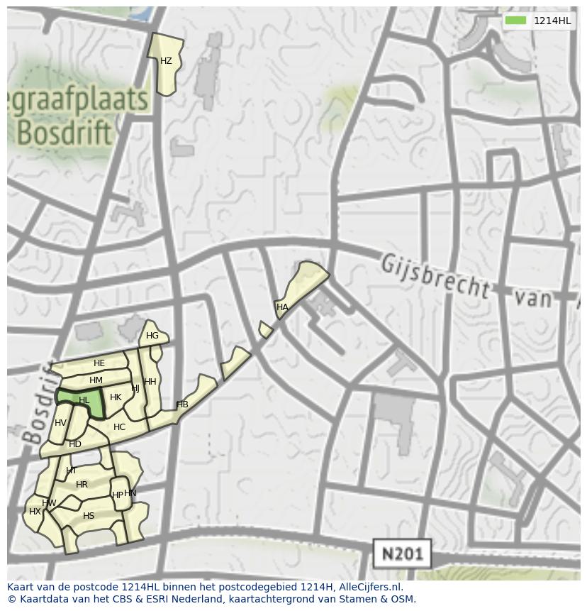 Afbeelding van het postcodegebied 1214 HL op de kaart.