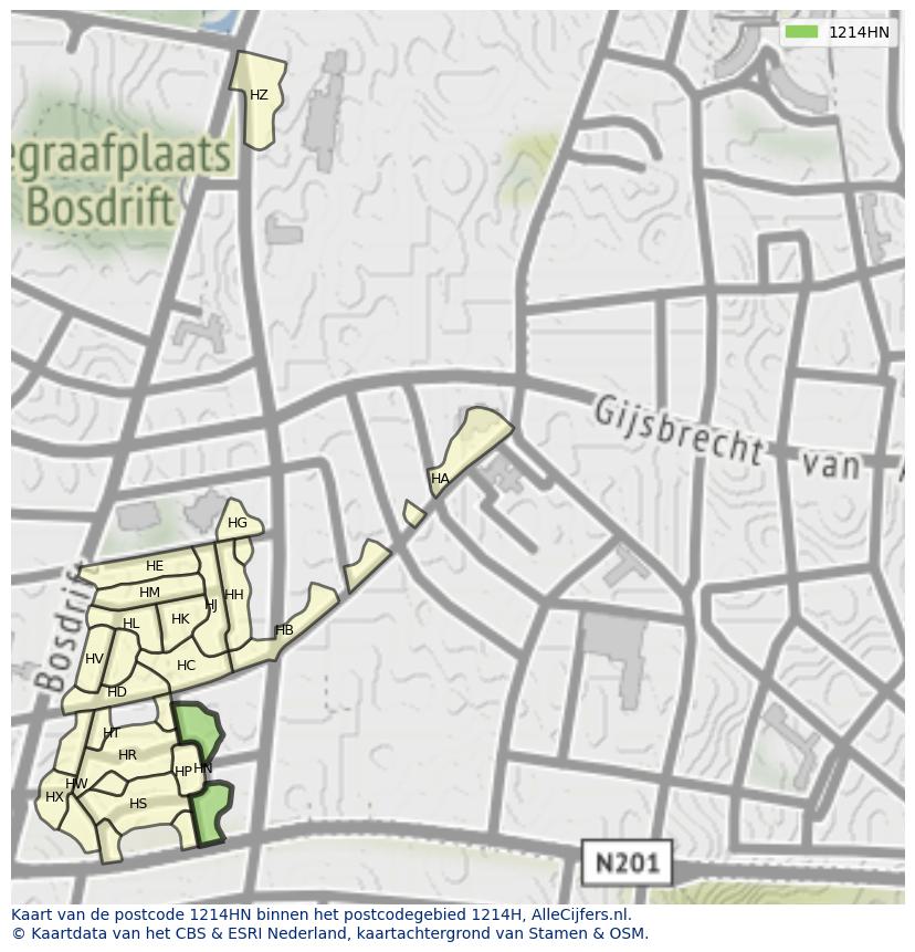 Afbeelding van het postcodegebied 1214 HN op de kaart.