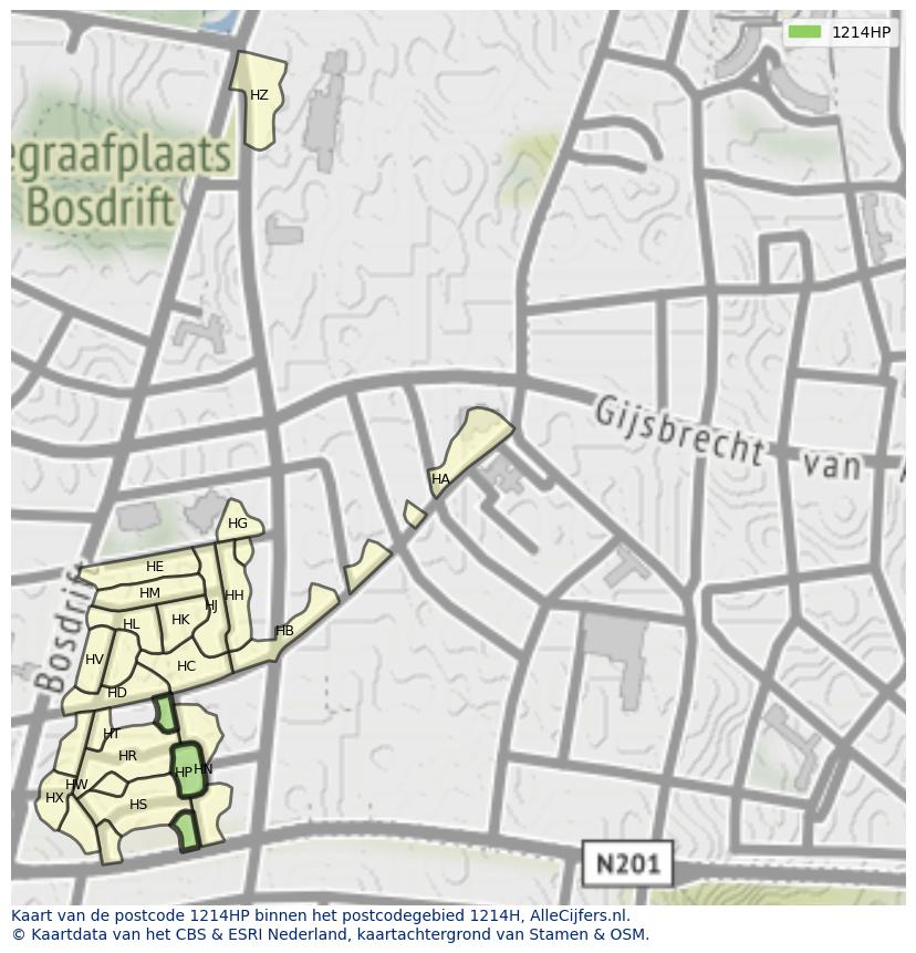 Afbeelding van het postcodegebied 1214 HP op de kaart.