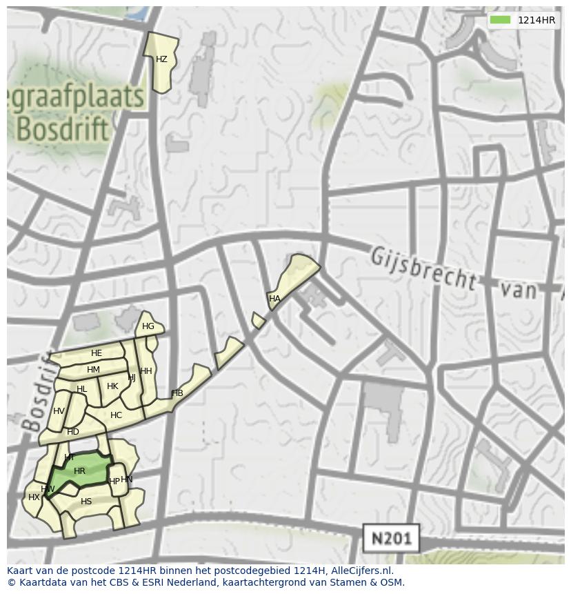 Afbeelding van het postcodegebied 1214 HR op de kaart.