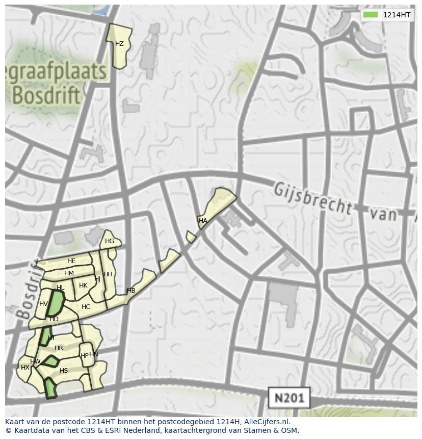 Afbeelding van het postcodegebied 1214 HT op de kaart.