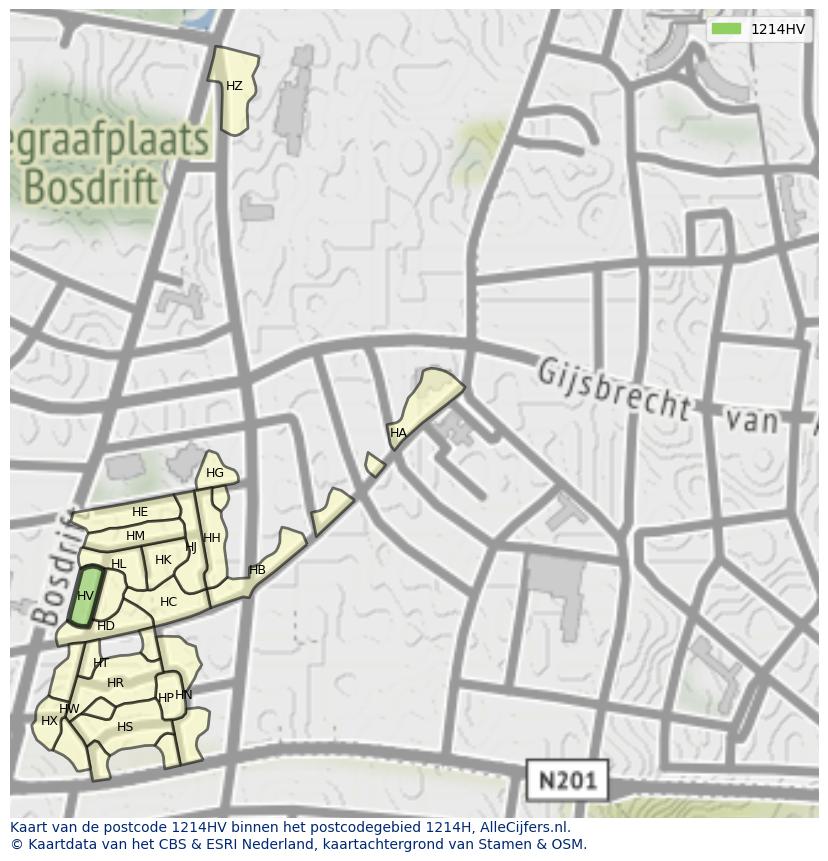 Afbeelding van het postcodegebied 1214 HV op de kaart.