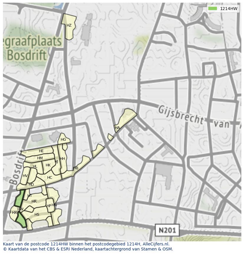 Afbeelding van het postcodegebied 1214 HW op de kaart.