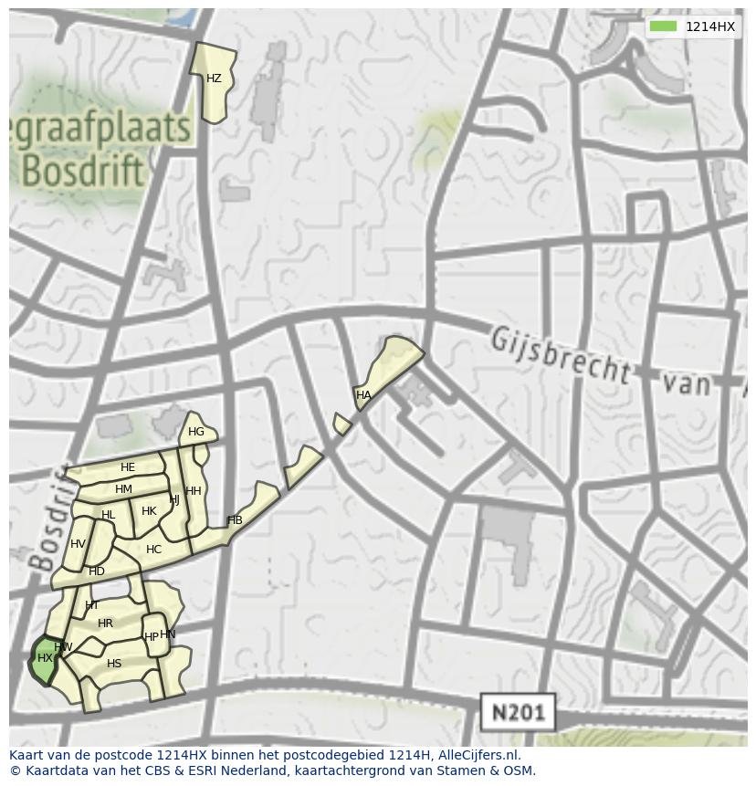 Afbeelding van het postcodegebied 1214 HX op de kaart.