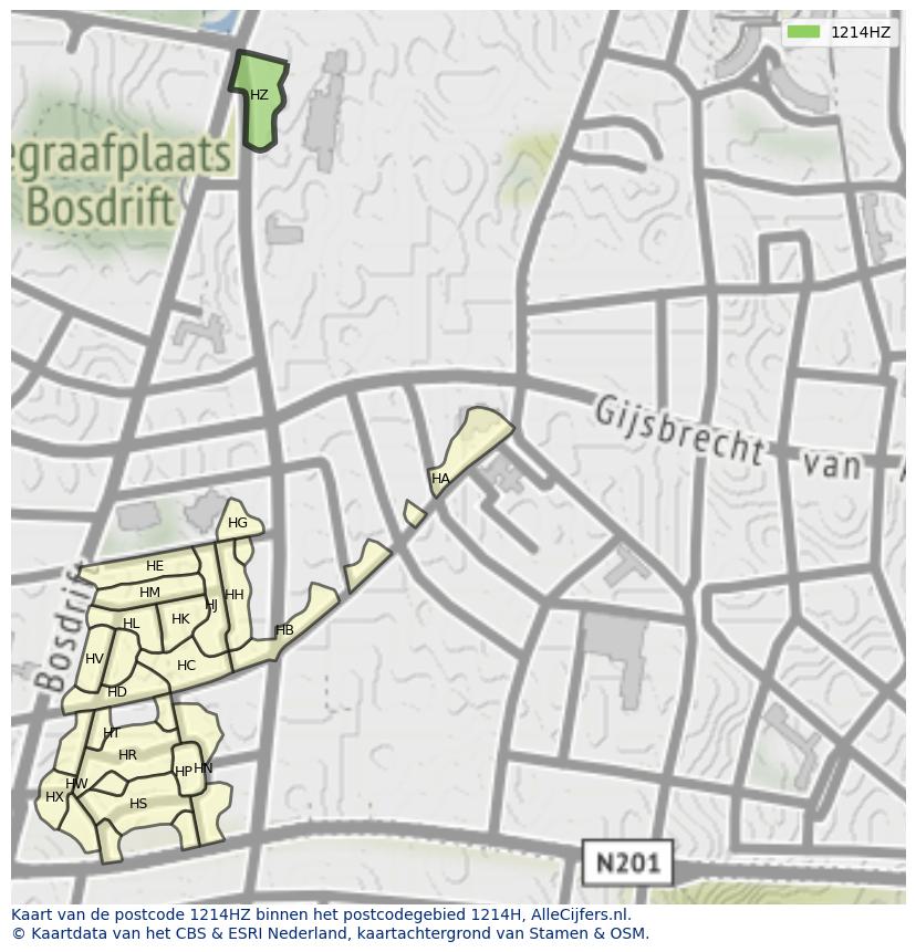 Afbeelding van het postcodegebied 1214 HZ op de kaart.