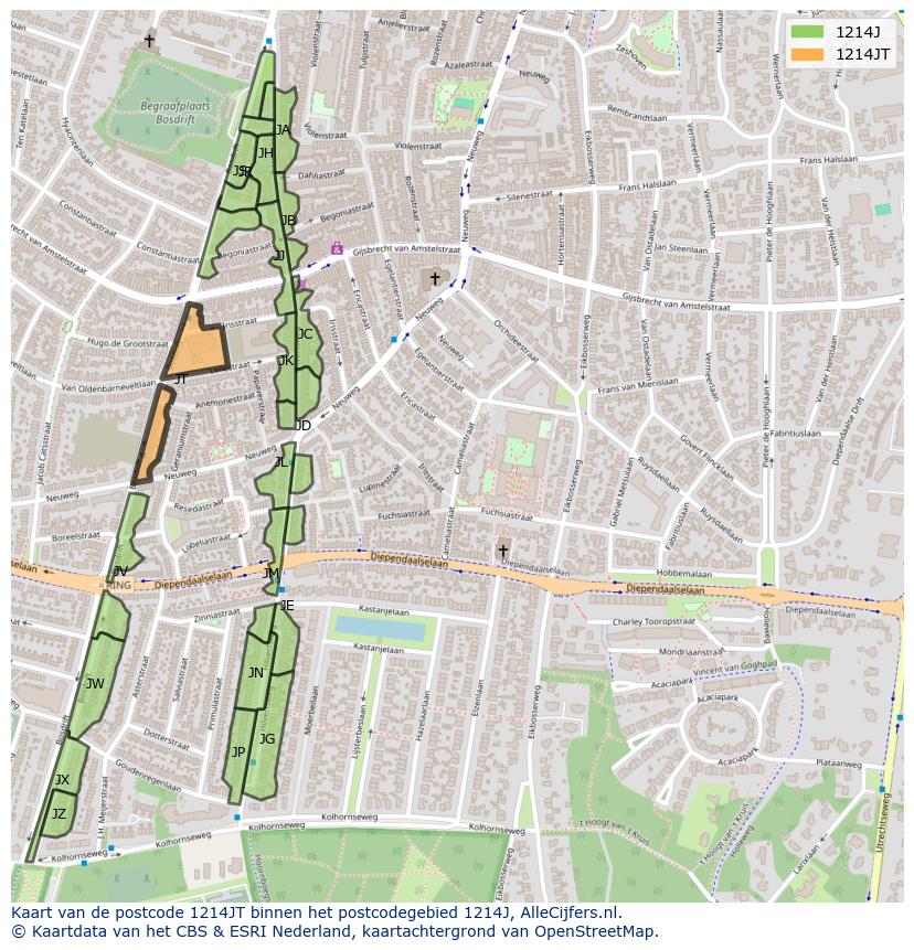 Afbeelding van het postcodegebied 1214 JT op de kaart.