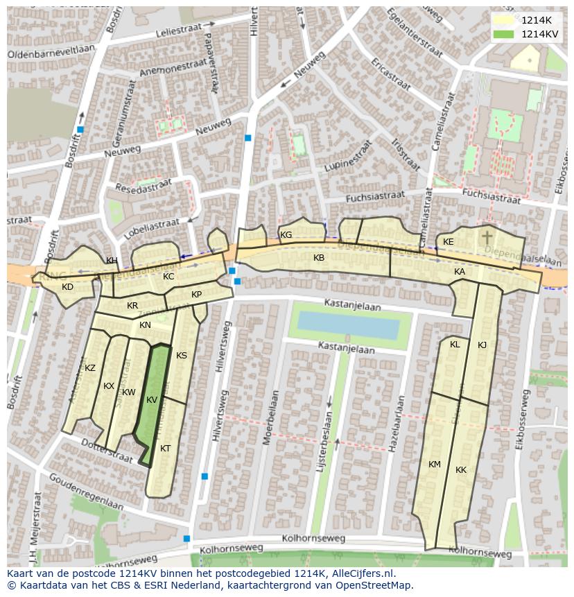 Afbeelding van het postcodegebied 1214 KV op de kaart.