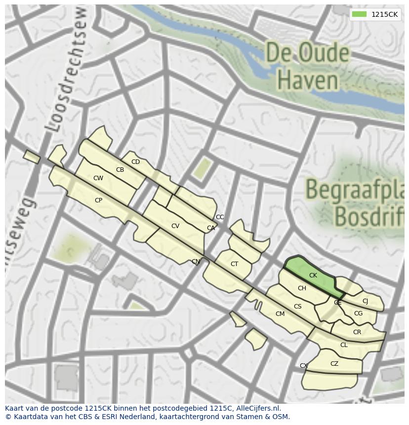 Afbeelding van het postcodegebied 1215 CK op de kaart.