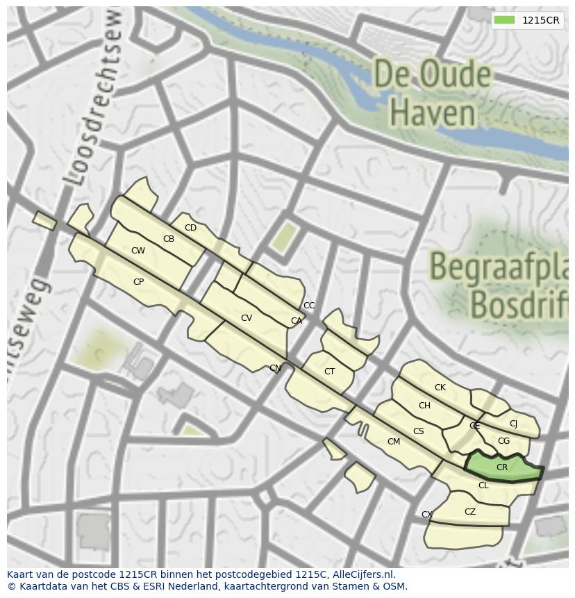 Afbeelding van het postcodegebied 1215 CR op de kaart.