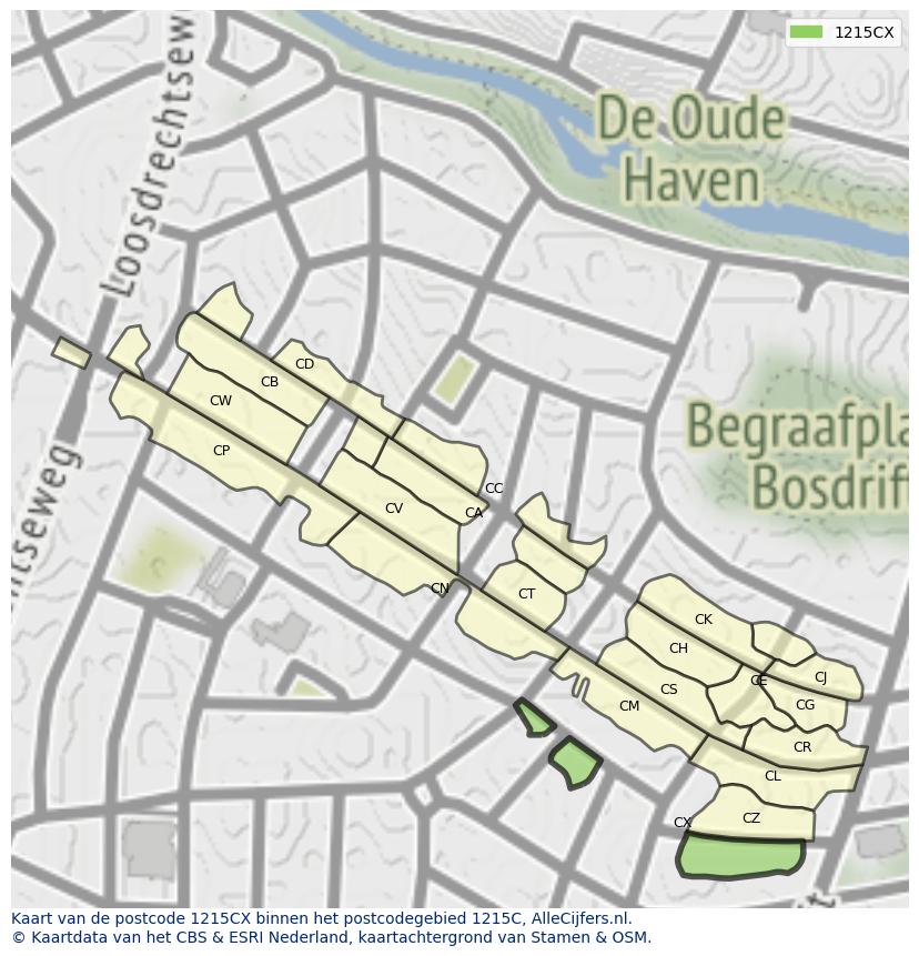 Afbeelding van het postcodegebied 1215 CX op de kaart.