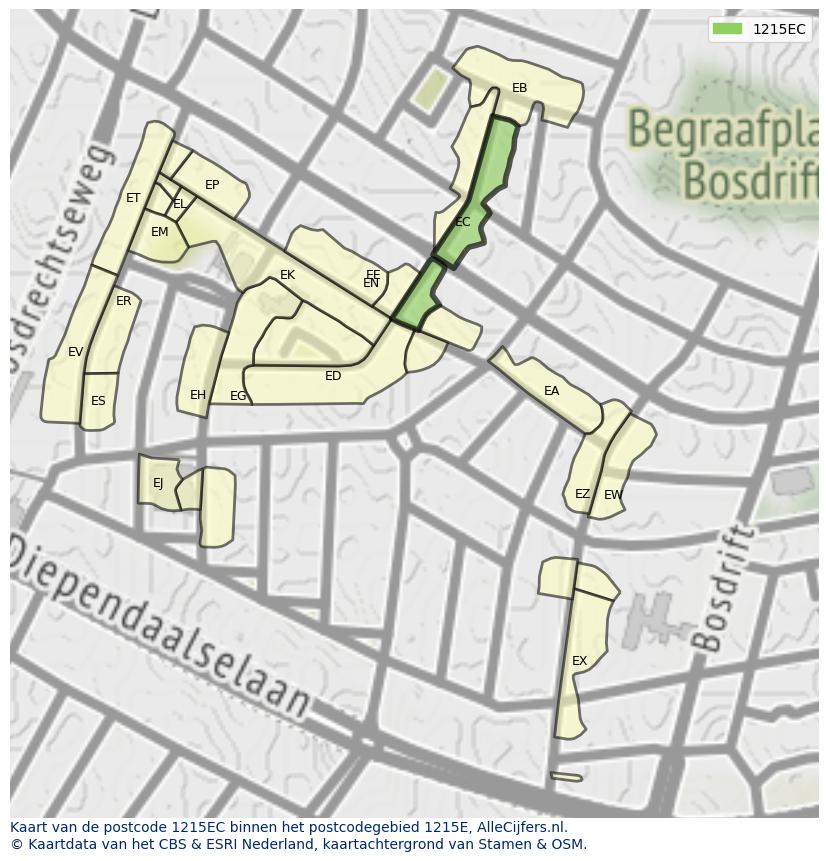 Afbeelding van het postcodegebied 1215 EC op de kaart.