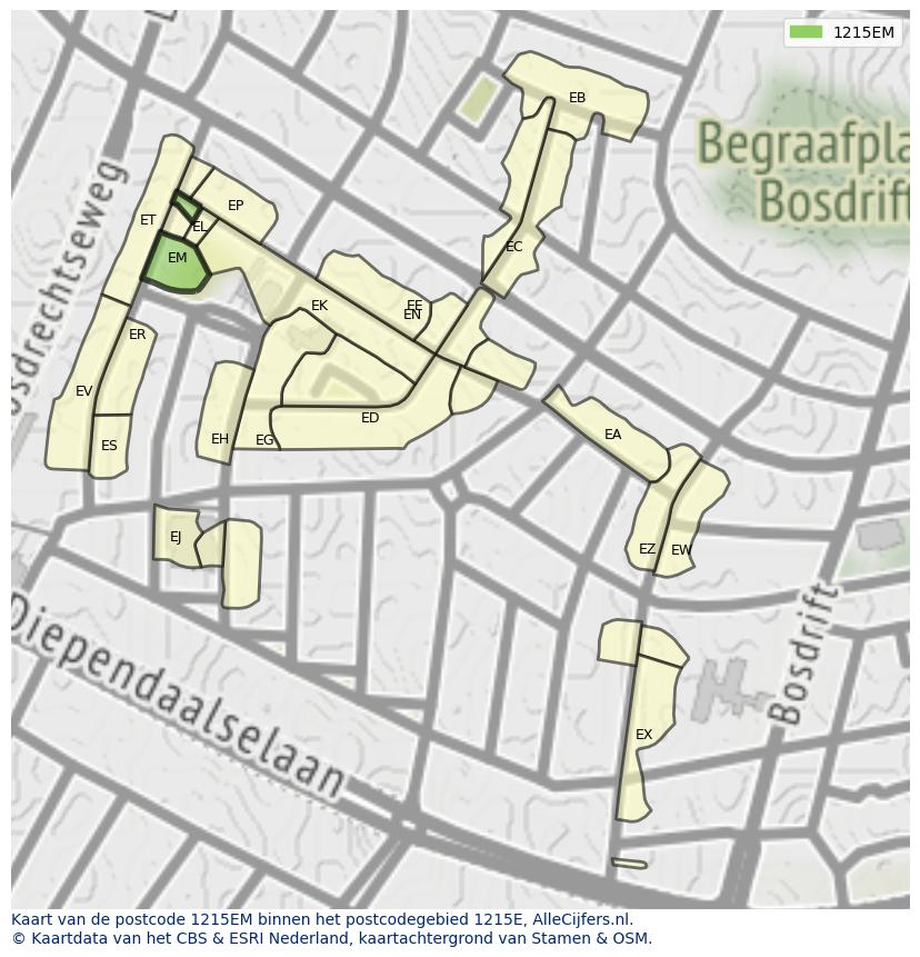 Afbeelding van het postcodegebied 1215 EM op de kaart.