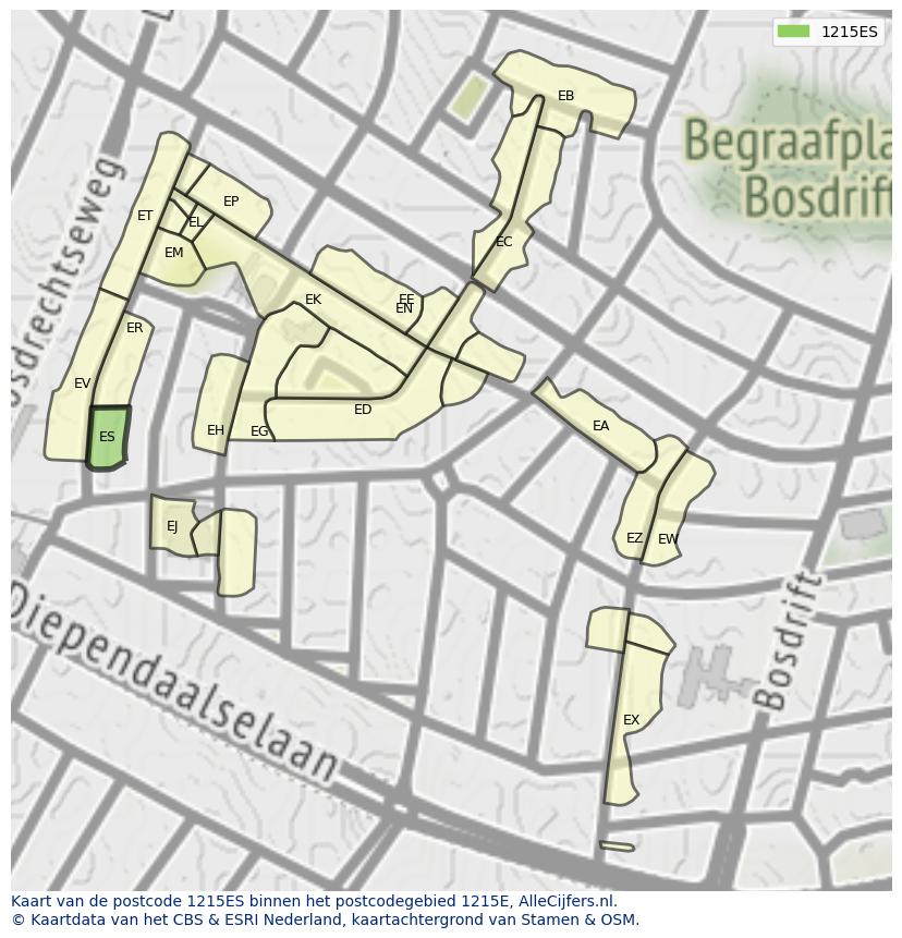 Afbeelding van het postcodegebied 1215 ES op de kaart.