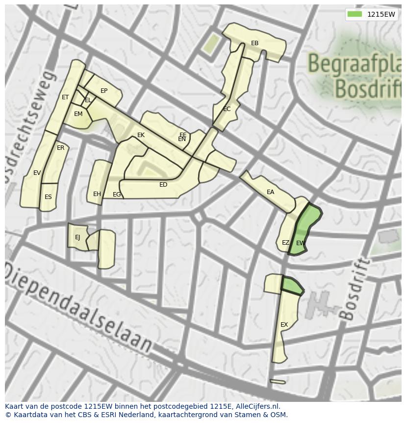Afbeelding van het postcodegebied 1215 EW op de kaart.