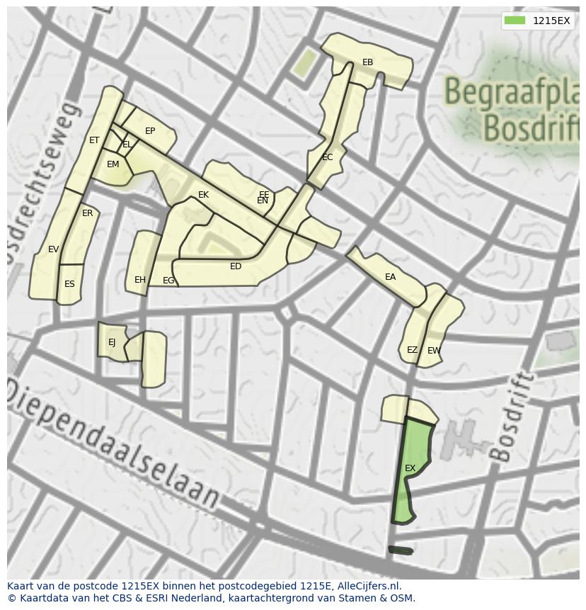 Afbeelding van het postcodegebied 1215 EX op de kaart.