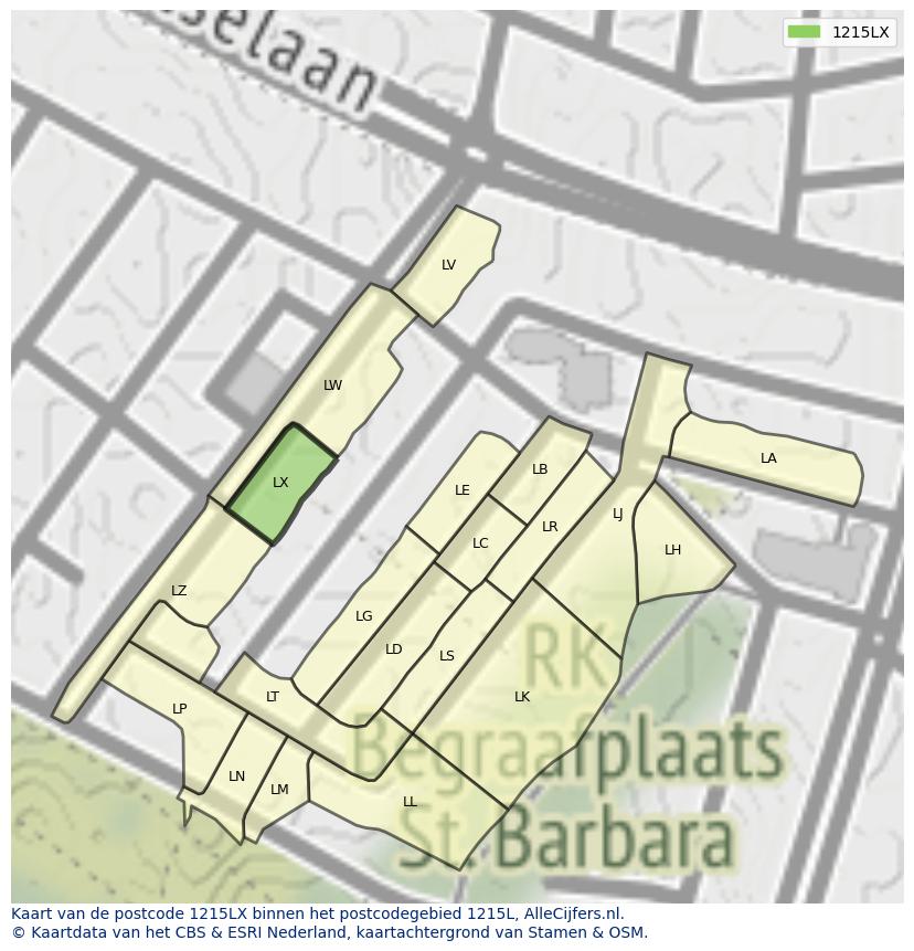 Afbeelding van het postcodegebied 1215 LX op de kaart.