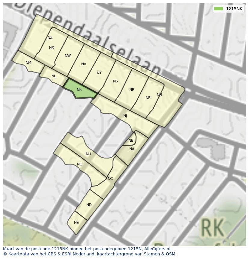 Afbeelding van het postcodegebied 1215 NK op de kaart.