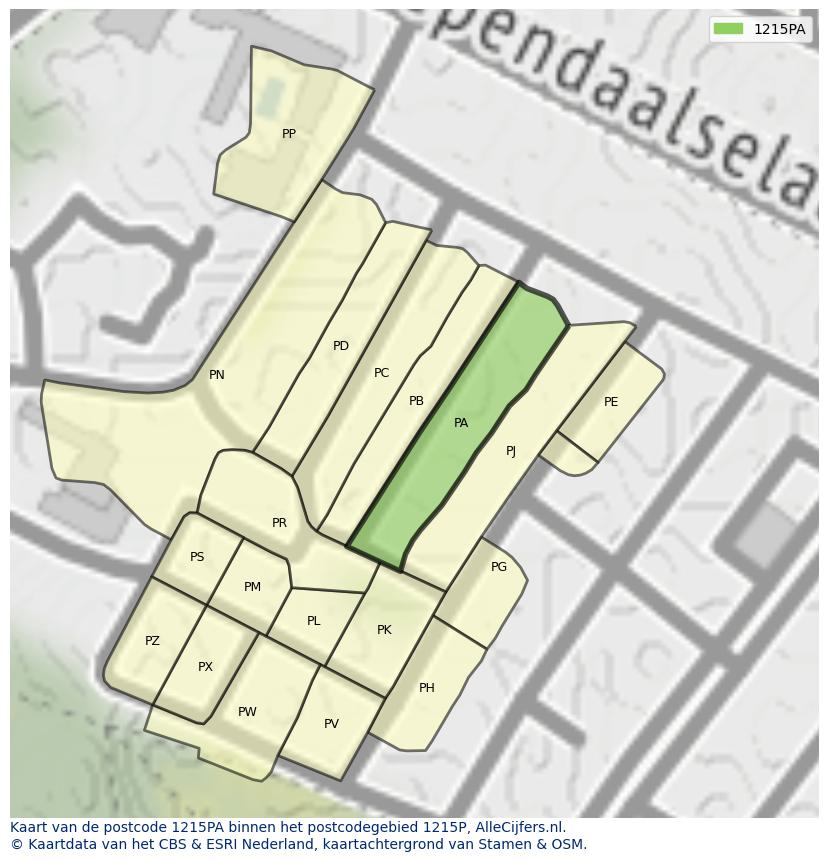 Afbeelding van het postcodegebied 1215 PA op de kaart.