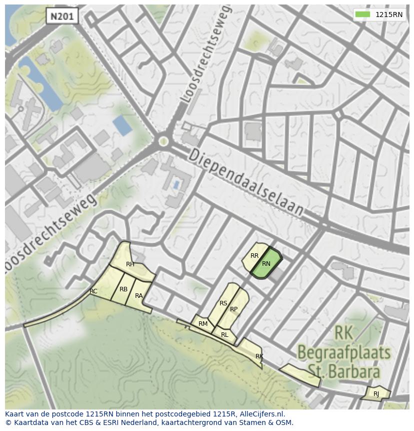 Afbeelding van het postcodegebied 1215 RN op de kaart.