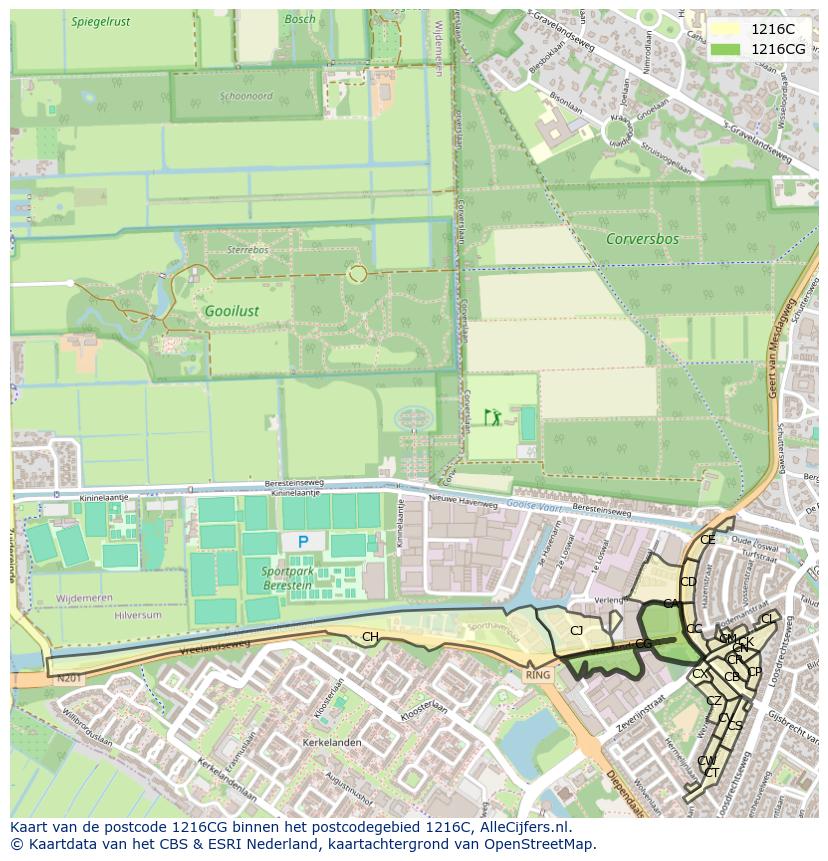 Afbeelding van het postcodegebied 1216 CG op de kaart.
