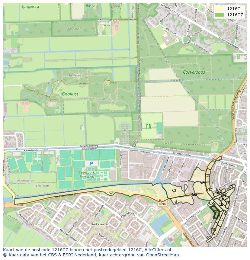 Afbeelding van het postcodegebied 1216 CZ op de kaart.