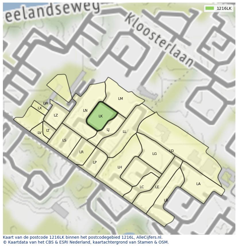 Afbeelding van het postcodegebied 1216 LK op de kaart.