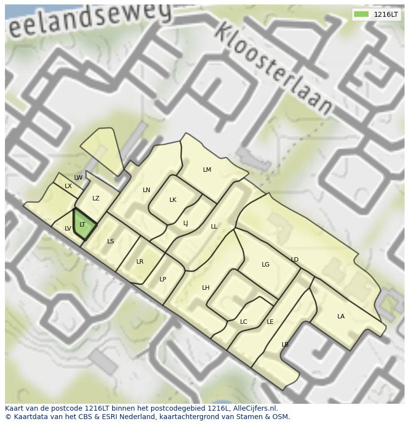 Afbeelding van het postcodegebied 1216 LT op de kaart.