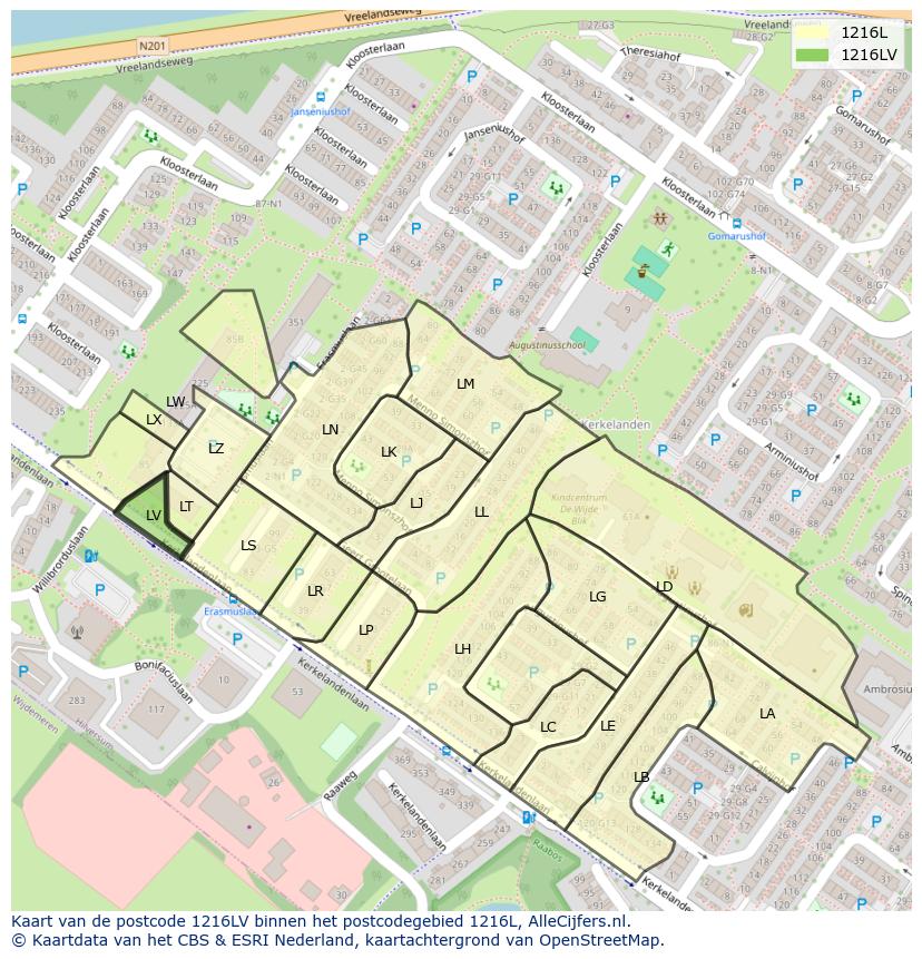 Afbeelding van het postcodegebied 1216 LV op de kaart.