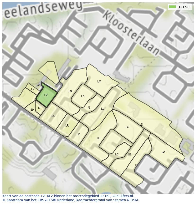 Afbeelding van het postcodegebied 1216 LZ op de kaart.