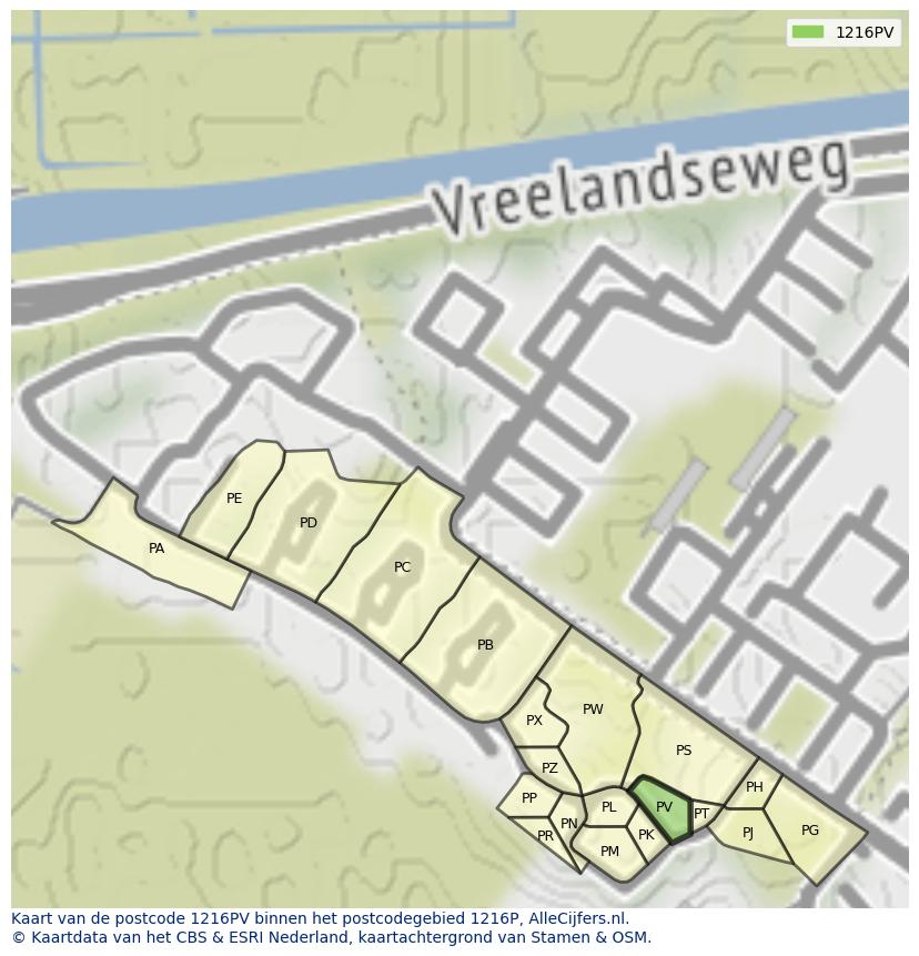 Afbeelding van het postcodegebied 1216 PV op de kaart.