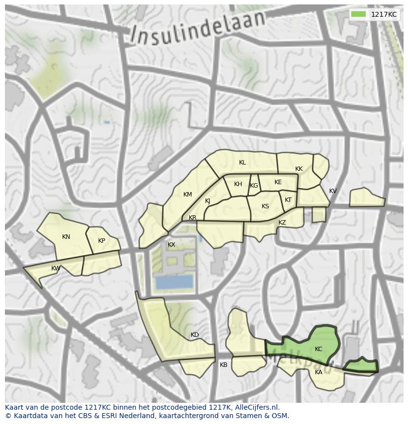 Afbeelding van het postcodegebied 1217 KC op de kaart.