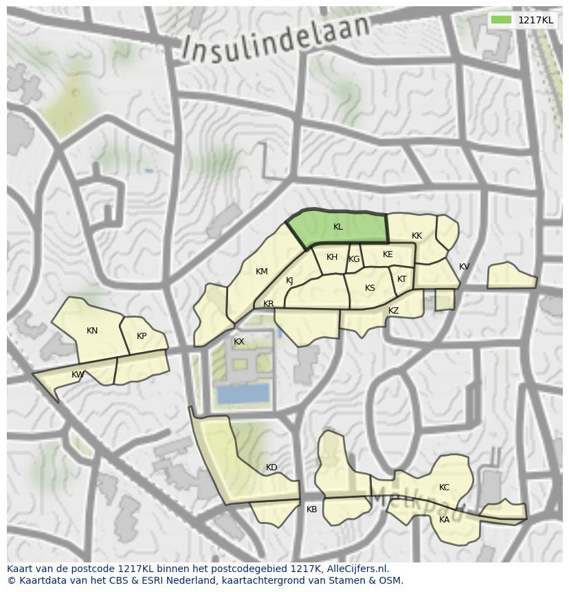 Afbeelding van het postcodegebied 1217 KL op de kaart.