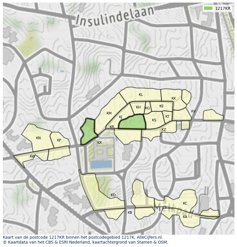 Afbeelding van het postcodegebied 1217 KR op de kaart.