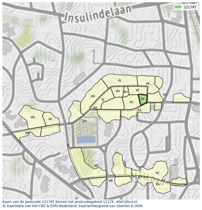 Afbeelding van het postcodegebied 1217 KT op de kaart.