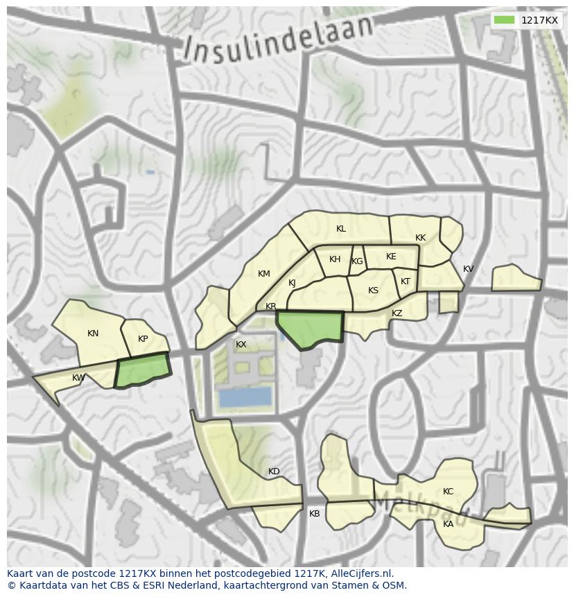 Afbeelding van het postcodegebied 1217 KX op de kaart.