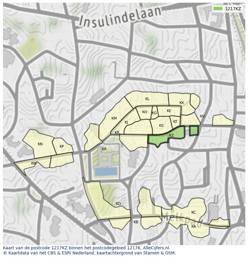 Afbeelding van het postcodegebied 1217 KZ op de kaart.