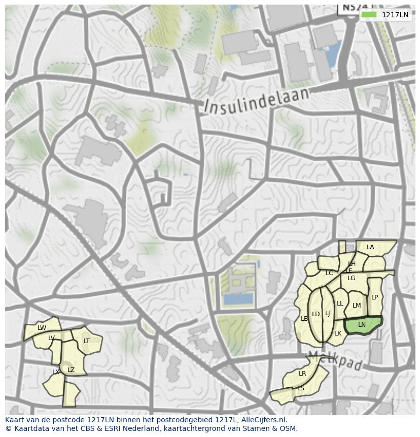 Afbeelding van het postcodegebied 1217 LN op de kaart.