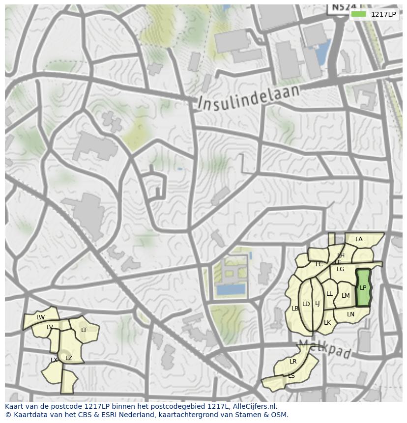 Afbeelding van het postcodegebied 1217 LP op de kaart.