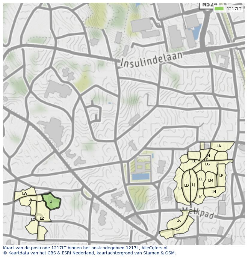 Afbeelding van het postcodegebied 1217 LT op de kaart.