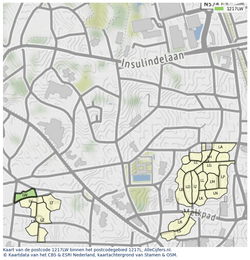 Afbeelding van het postcodegebied 1217 LW op de kaart.