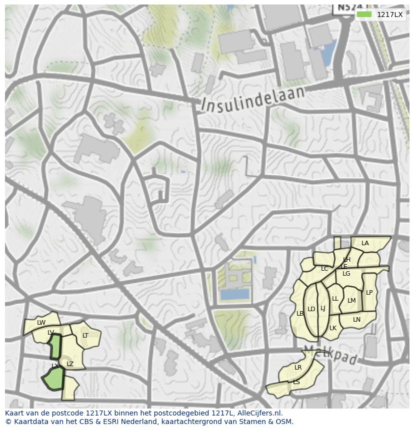 Afbeelding van het postcodegebied 1217 LX op de kaart.