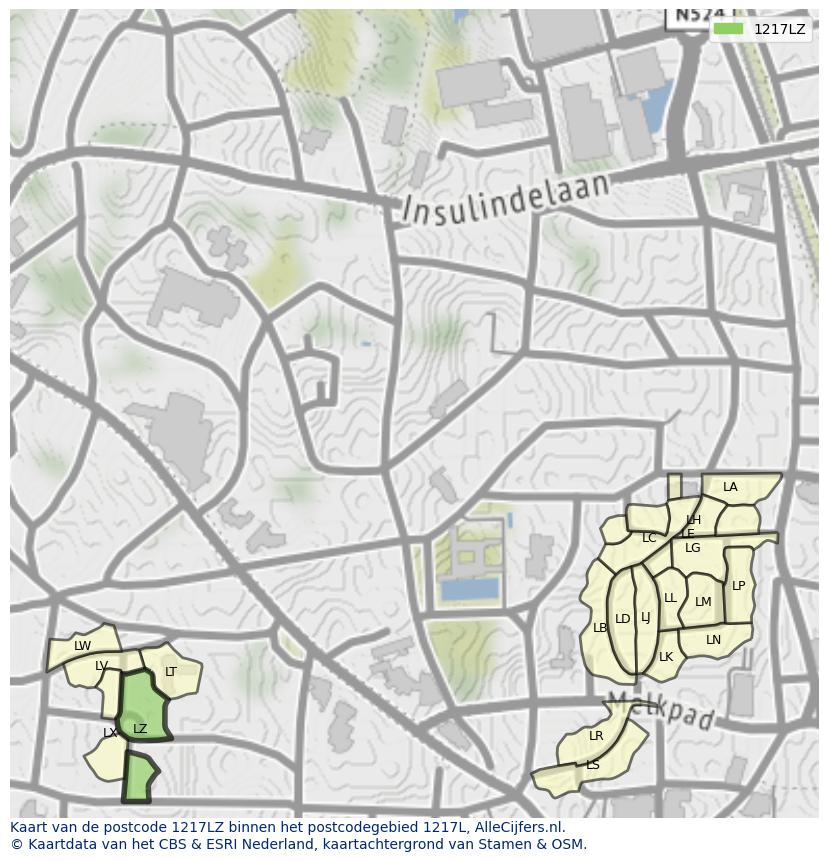 Afbeelding van het postcodegebied 1217 LZ op de kaart.